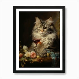 Cat Drinking Wine Rococo Style 2 Art Print