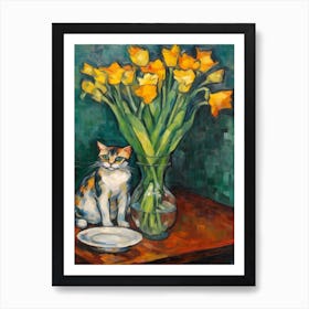 Flower Vase Daffodils With A Cat 2 Impressionism, Cezanne Style Art Print