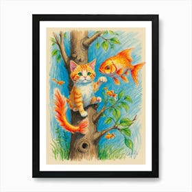 Goldfish And Cat Art Print