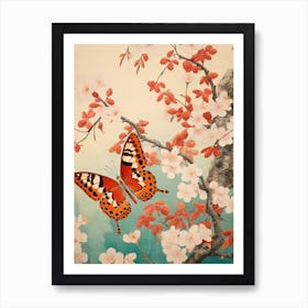 Cherry Blossom Orange Butterfly Japanese Painting Style Art Print