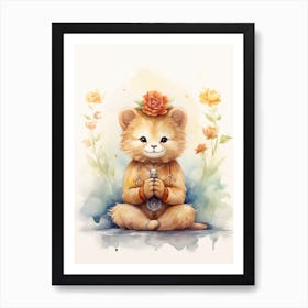 Meditating Watercolour Lion Art Painting 4 Art Print