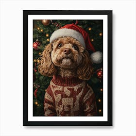 Cavapoo In Christmas Jumper And Santa Hat Art Print