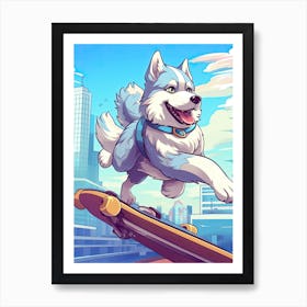 Alaskan Malamute Dog Skateboarding Illustration 3 Art Print