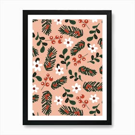 Black and Red Mistletoe and Winter Botanicals on Pink Art Print