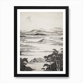 Lake Toya In Hokkaido, Ukiyo E Black And White Line Art Drawing 4 Art Print