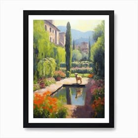 A Painting Of A Dog In Alhambra Gardens, Spain In The Style Of Impressionism 01 Art Print