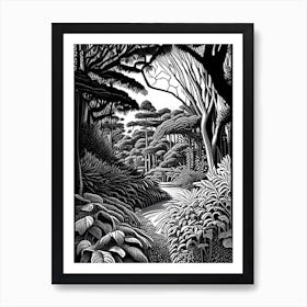 Keirunga Gardens, New Zealand Linocut Black And White Vintage Art Print