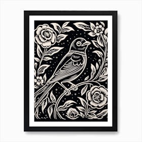 B&W Bird Linocut Finch 1 Art Print