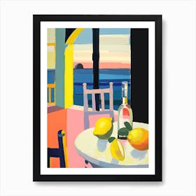 Painting Of A Lemons And Wine, Frenchch Riviera View, Checkered Cloth, Matisse Style 5 Art Print