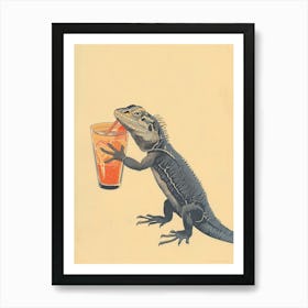 Lizard Drinking A Cocktail Block Print 1 Art Print