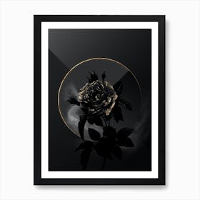 Shadowy Vintage Pink French Rose Botanical on Black with Gold Art Print