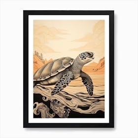 Delicate Line Drawing Of Sea Turtle Warm Tones Art Print