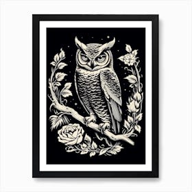 B&W Bird Linocut Great Horned Owl 2 Art Print