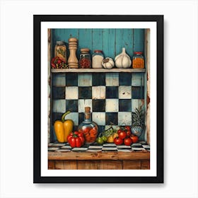 Kitchen Ingredients On A Shelf Blue Checkerboard Art Print