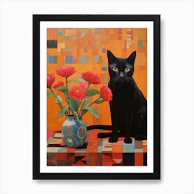 Black Cat With Red Flowers Art Print