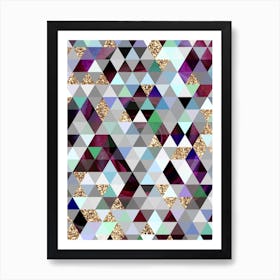 Abstract Geometric Triangle Pattern in Teal Blue and Glitter Gold n.0007 Art Print
