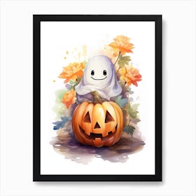 Cute Ghost With Pumpkins Halloween Watercolour 31 Art Print