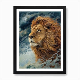 African Lion Relief Illustration Water 1 Art Print