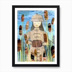 Girl In The Reeds Brown & Blue Art Print