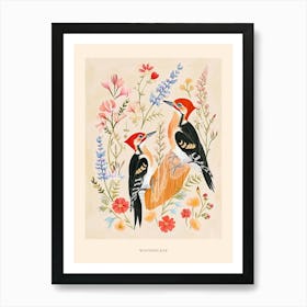 Folksy Floral Animal Drawing Woodpecker 2 Poster Art Print