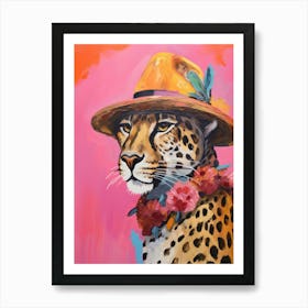 Quirky Pink Leopard With Hat Art Print