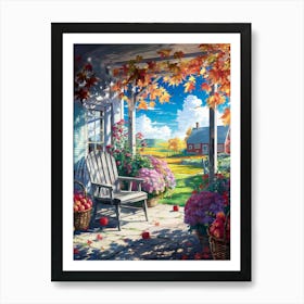 Anime Canvas Art: Rustic Autumn Porch with Apples, Vibrant Flowers, and Rolling Fields, Perfect for Lofi Aesthetic and Cozy Nature Art Lovers. Art Print