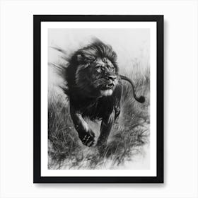 African Lion Charcoal Drawing Hunting 1 Art Print