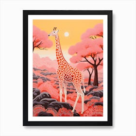 Giraffe In The Nature With Trees Pink 3 Art Print