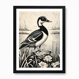 B&W Bird Linocut Wood Duck 3 Poster