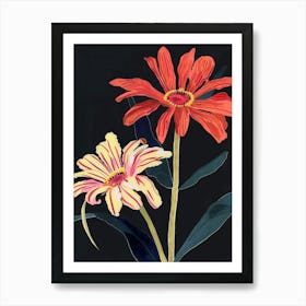 Neon Flowers On Black Gerbera Daisy 4 Art Print