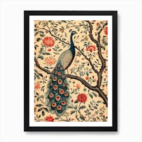 Cream Vintage Floral Peacock Wallpaper 1 Art Print