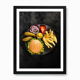 Burger and fries — Food kitchen poster/blackboard, photo art Art Print