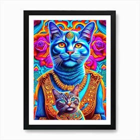 2 Blue Cats Illustration Art Print