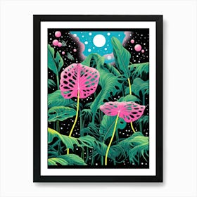 Pink Flowers In The Night Sky | Inspired by Yayoi Kusama Art Print