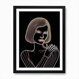 Woman Portrait In Black And White Line Art Neon 1 Art Print