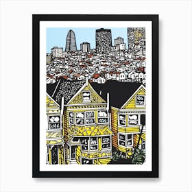 Painted Ladies San Francisco Linocut Illustration Style 1 Art Print