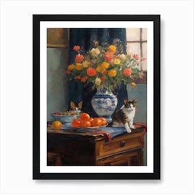 Flower Vase Aster With A Cat 1 Impressionism, Cezanne Style Art Print