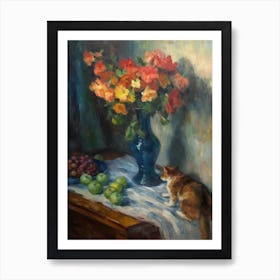 Flower Vase Delphinium With A Cat 4 Impressionism, Cezanne Style Art Print