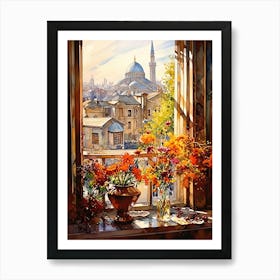 Window View Of Istanbul Turkey In Autumn Fall, Watercolour 1 Art Print