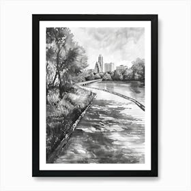 Lady Bird Lake And The Boardwalk Austin Texas Black And White Watercolour 3 Art Print