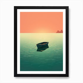 Boat In The Sea At Sunset Art Print