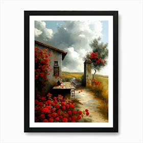 Red Roses Abloom at the Old Farmhouse | Country Living Dreamscape Painting Gallery Wall European Countryside Art Print