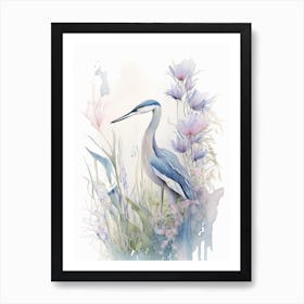 Blue Heron With Flowers Gouache 3 Art Print