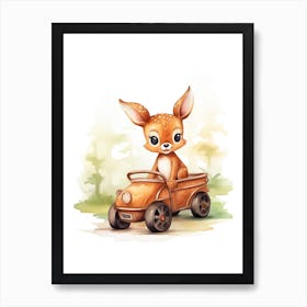 Baby Deer On Toy Car, Watercolour Nursery 1 Art Print