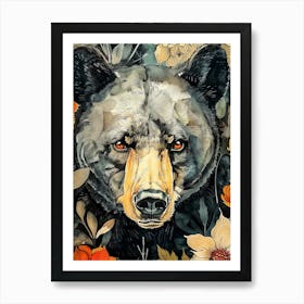 Black Bear With Flowers animal art Art Print