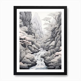 Shosenkyo Gorge In Yamanashi, Ukiyo E Black And White Line Art Drawing 1 Art Print