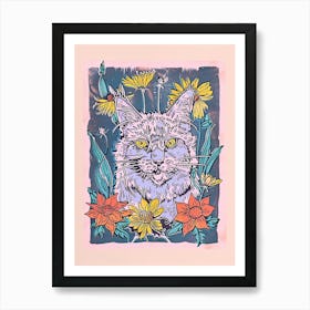 Cute Main Coon Cat With Flowers Illustration 1 Art Print