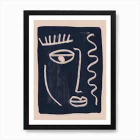 Abstract Face In Navy 2 Art Print