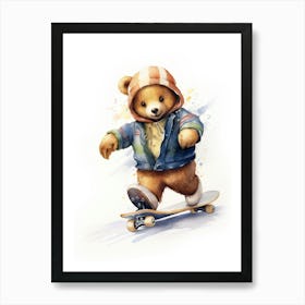 Skateboarding Teddy Bear Painting Watercolour 2 Art Print