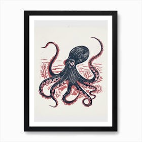 Blue & Navy Linocut Inspired Octopus With Seaweed Art Print